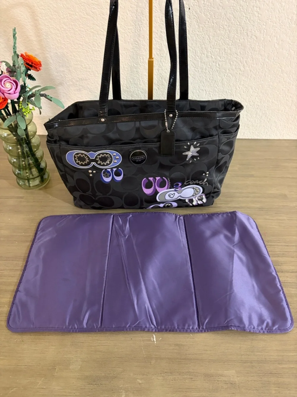 COACH POPPY APPLIQUE DIAPER BABY BAG MULTIFUNCTION TOTE BLACK F17590 RARE